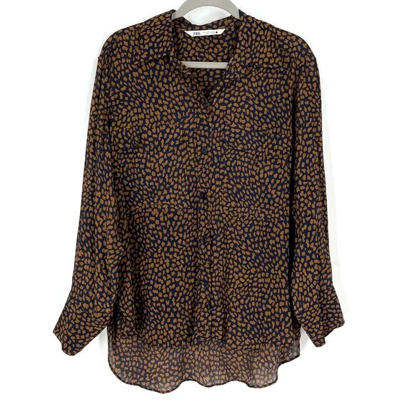 Zara Black Flowy Blouse Large Collared Button Down - Picture 4 of 4